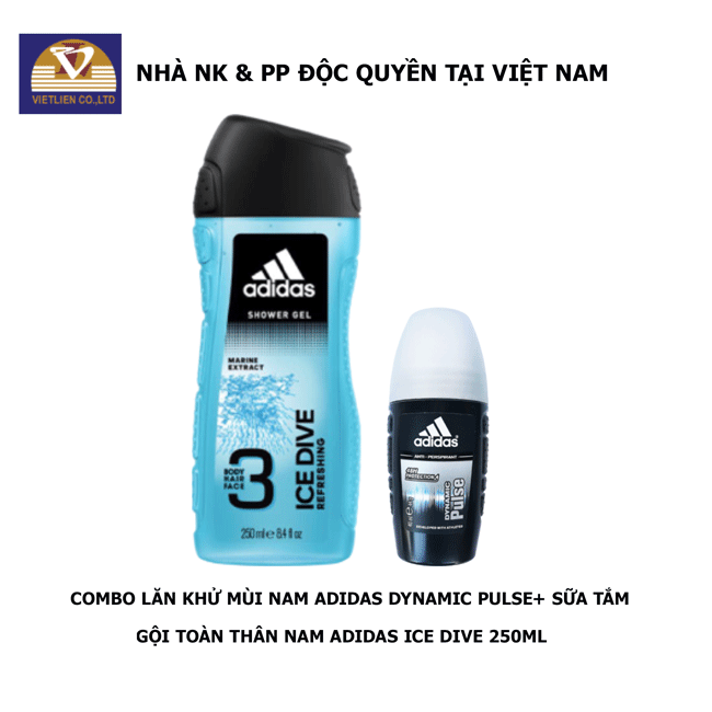 COMBO Lăn Khử Mùi Nam Adidas Dynamic Pulse 40ml + Sữa Tắm Gội Toàn Thân Nam Adidas Ice Dive 250ml