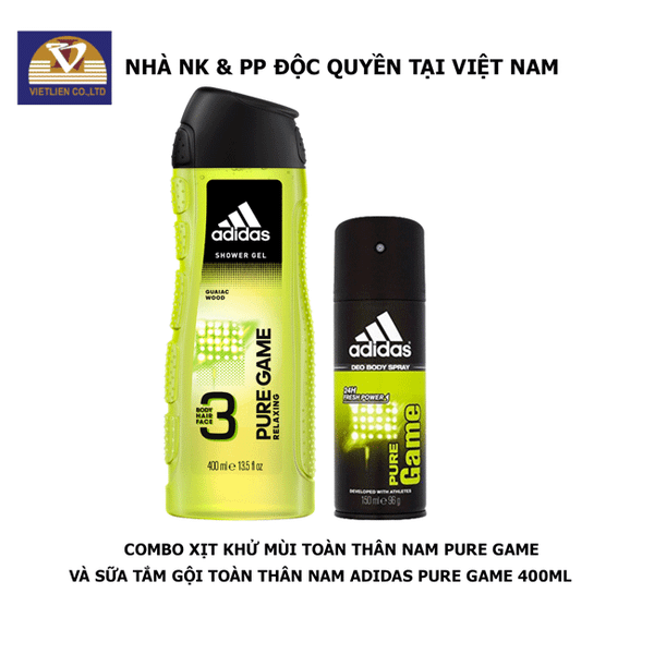  COMBO Xịt Khử mùi Nam + Sữa Tắm Gội Toàn Thân Nam Adidas Pure Game 400ml 