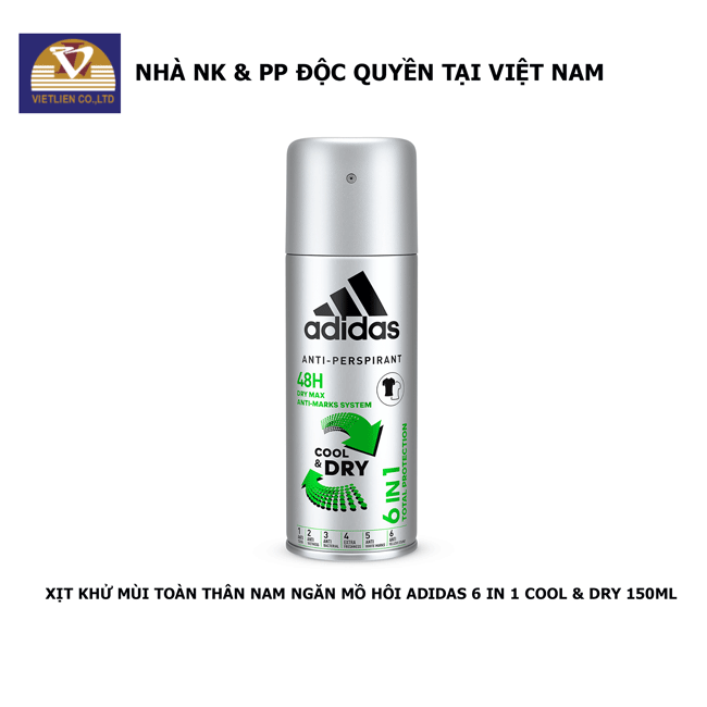 Xịt Khử Mùi Toàn Thân Nam Ngăn Mồ Hôi Adidas 6 in 1 Cool & Dry 150ml