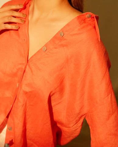 Áo sơ mi oversized linen cam san hô áo sơ mi dáng rộng | Thời trang thiết kế Hity