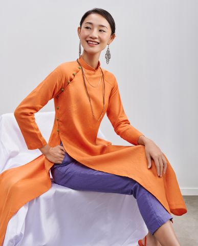Áo dài raglan linen vải lanh cam mơ nghiền apricot crush áo dài cổ điển vintage | Thời trang thiết kế Hity
