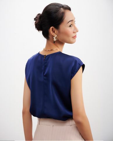 Áo suông lụa cổ tròn tay liền xanh hoàng gia cobalt áo kiểu cao cấp | Thời trang thiết kế Hity