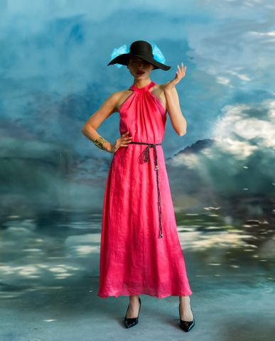 Đầm maxi cổ yếm linen hồng sen thời trang Hity