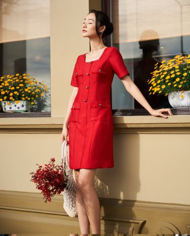 Đầm cổ vuông tweed đỏ đầm quý cô cao cấp đầm thiết kế sang trọng | Thời trang thiết kế Hity