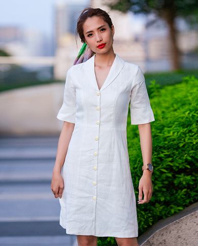 Đầm linen trắng đầm kiểu cổ điển đầm vintage đầm thiết kế công sở cao cấp | Thời trang thiết kế Hity