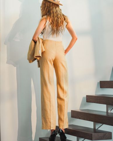 Quần ống loe linen vải lanh màu be kem quần tây nữ lưng cao | Thời trang thiết kế Hity
