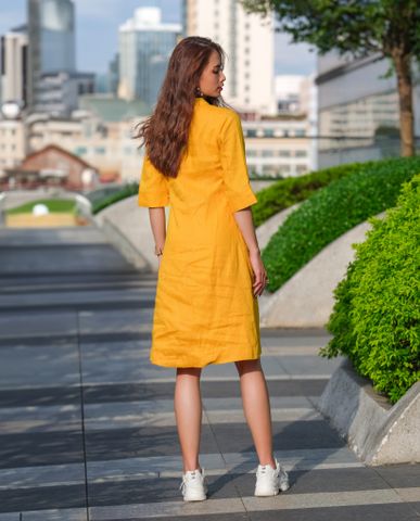 Đầm suông linen vải lanh vàng đầm chữ A công sở cao cấp | Thời trang thiết kế nguyên bản Hity