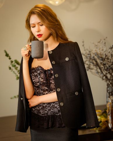 Áo khoác Blazer áo jacket không cổ tweed đen áo vest nữ hàng hiệu | Thời trang thiết kế Hity