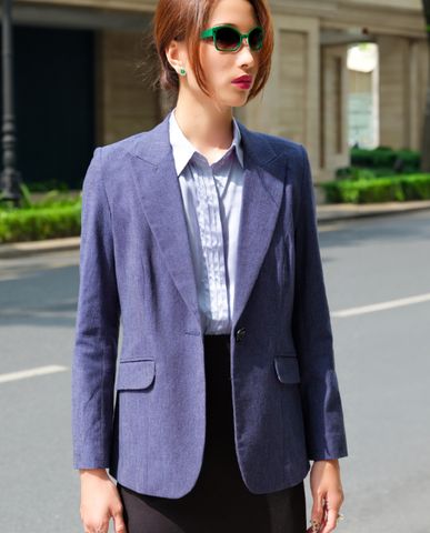 Áo khoác blazer linen vải lanh xanh navy áo vest nữ cao cấp | Thời trang thiết kế Hity