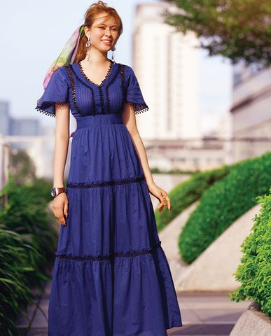 Đầm maxi đầm dài đi biển cotton xanh đầm mùa hè | Thời trang thiết kế Hity