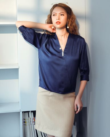 Áo kiểu công sở nữ xanh hoàng gia áo lụa mẫu áo công sở đẹp | Thời trang thiết kế Hity