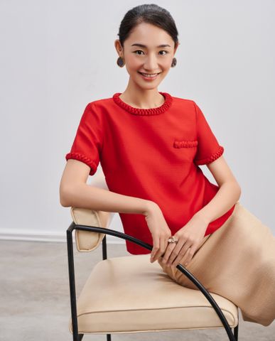 Áo tweed đỏ áo croptop ngắn ngang lưng quần áo kiểu sang trọng | Thời trang thiết kế Hity