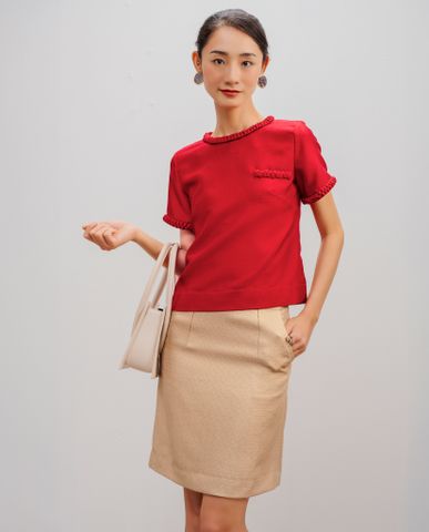 Áo tweed đỏ áo croptop ngắn ngang lưng quần áo kiểu sang trọng | Thời trang thiết kế Hity