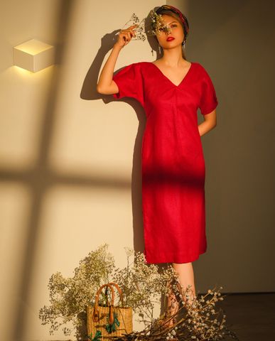 Đầm suông linen vảl lanh đỏ đầm suông chữ A đầm dài qua gối váy đầm thiết kế đẹp | Thiết kế thời trang thiết kế Hity