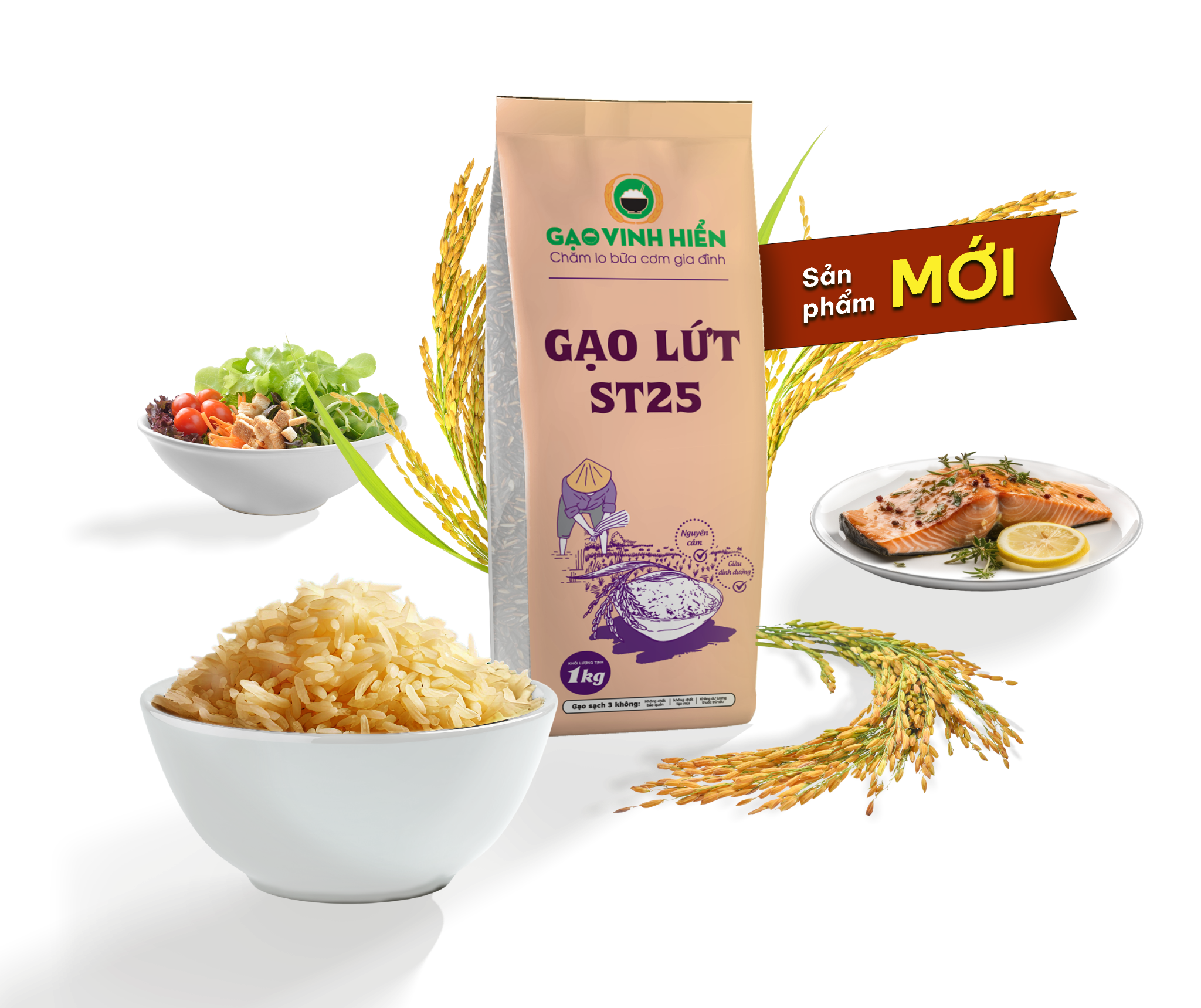 Gạo Lứt Thơm ST25 túi 1KG Vinh Hiển - Đạt chuẩn HACCP - Nguyên cám, Giàu dinh dưỡng