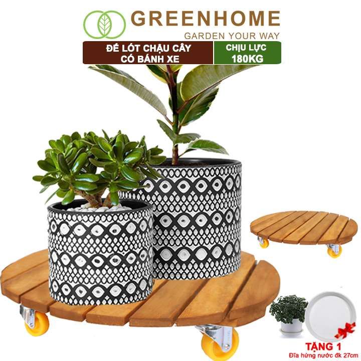 Đế lót chậu cây có bánh xe, R40xC9cm, chịu lực 180kg, bằng gỗ, thân thiện môi trường, tiện lợi |Greenhome