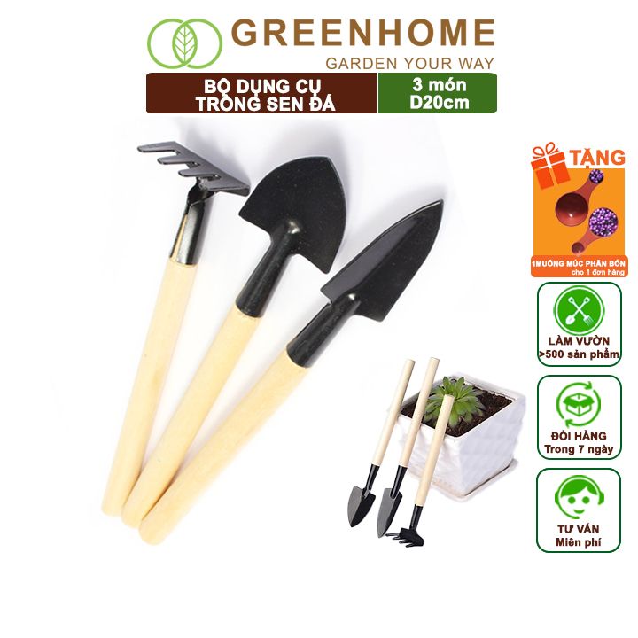 Dụng Cụ Làm Vườn Greenhome, 3 Món Gồm Xẻng Xúc Đất, Cào , Mini, Cán Gỗ, Tiện Lợi, Dễ Sử Dụng, Trồng Sen Đá, Tiểu Cảnh