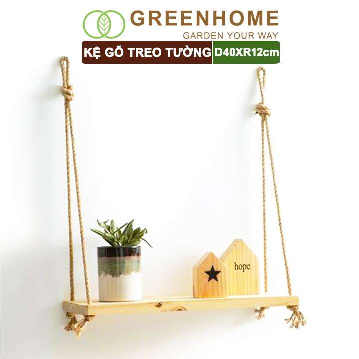 Kệ gỗ treo tường, D40xR12cm, gỗ thông, tặng kèm 2m dây thừng |Greenhome
