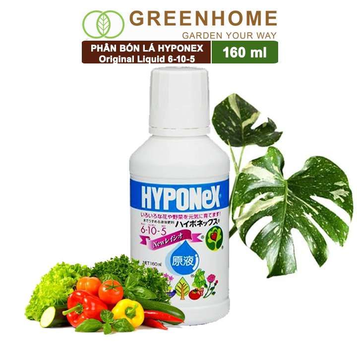 Phân bón lá Nhật, Hyponex, Original Liquid 6-10-5, chai 160ml cho rau, hoa, kiểng lá, kích mầm, chồi |Greenhome