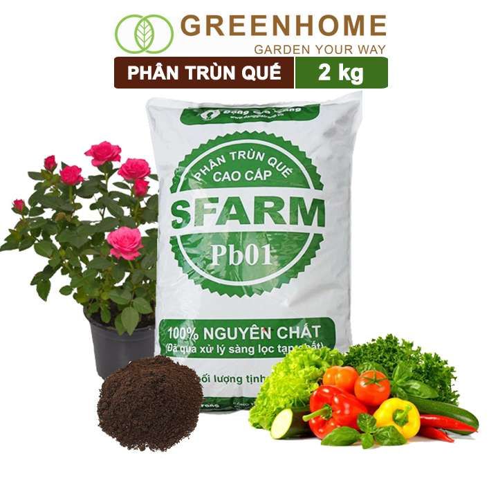 Phân trùn quế Sfarm, bao 2kg, nguyên chất bổ sung dinh dưỡng cho cây, hoa, cải tạo đất |Greenhome