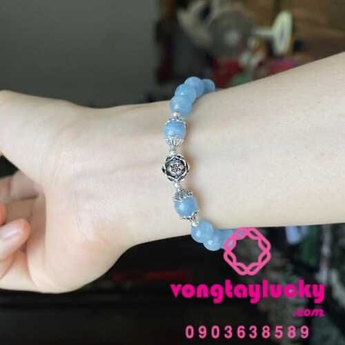 Vòng tay đá Aquamarine 8,7li-9li Vip 17 hạt mix charm bạc Thái