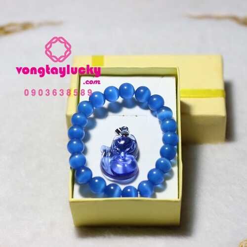 Vòng tay Bộ vòng tay đá mắt mèo hạt tròn 8li và mặt hồ ly xanh màu Sapphire Mẫu 04