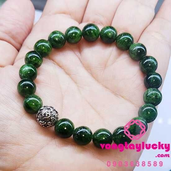 Vòng tay Diopside ngọc bích 9li mix hạt bạc Thái 925 khắc câu chú trừ tà Anmani (Ommani Pade Me Hum)