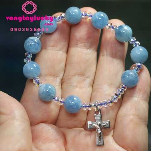 vòng tay công giáo, chuỗi mân côi đá Aquamarine, vòng tay mệnh thủy