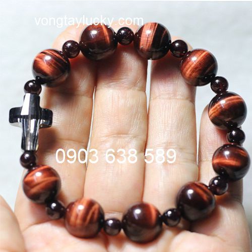 Chuỗi hạt mân côi 12li Mắt hổ đỏ vip xen đá garnet 6li thánh giá pha lê dài tay nam lớn