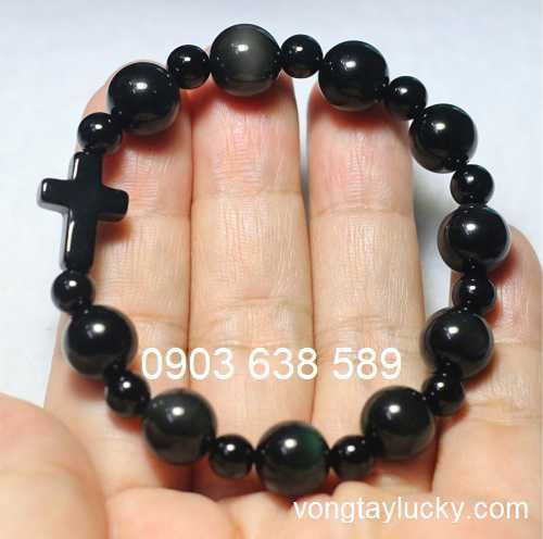 Chuỗi hạt mân côi đá núi lửa Obsidian 100% 10li -6li mix thánh giá mã não đen