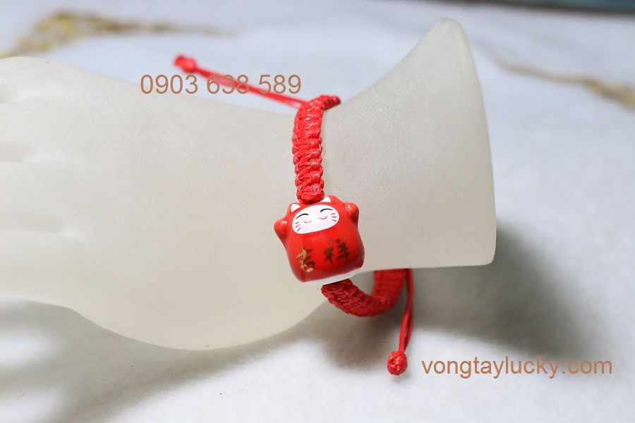 [Mẫu mới] Vòng tay mèo may mắn Maneki Neko đỏ MS0019 dây rút (dây sáp) màu đỏ bền đẹp