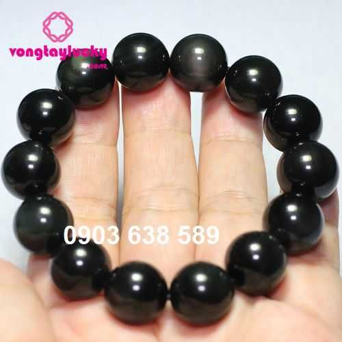 Vòng tay 14li Đá thủy tinh núi lửa thiên nhiên 100% Obsidian đen bóng có vân đẹp tự nhiên cho mệnh Thủy, Mộc