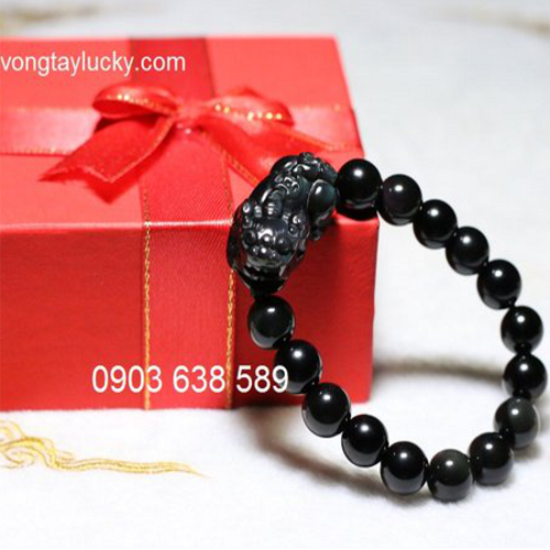 Vòng tay tỳ hưu 3x1,5cm đá thủy tinh núi lửa Obsidian hạt 10li  thên nhiên