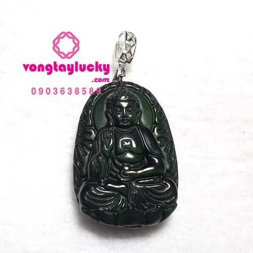 Phật bản mệnh đá núi lửa Obsidian 2,7x 4cm thiên nhiên móc treo bạc Thái