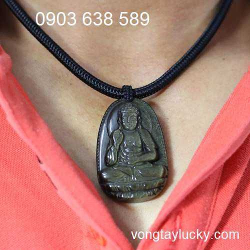 Mặt Phật Bản mệnh ADi Đà 5x3,6cm đá núi lửa thiên nhiên Obsidian khóa bấm inox Thái 5li