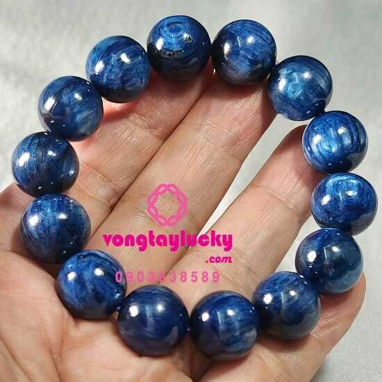 Vòng tay đá 14li thiên nhiên  Dumoirtierite quartz hay còn gọi là Sapphire nước (Kyanite) màu xanh biển đẹp tự nhiên hạt tròn thật đẹp