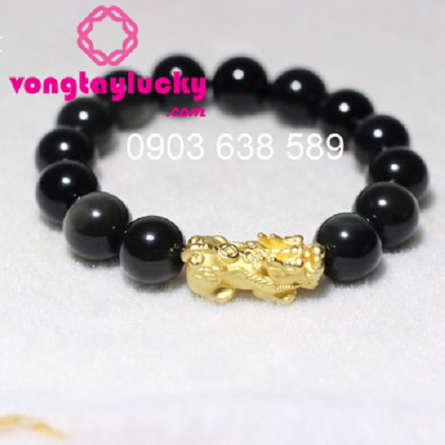 Vòng tay tỳ hưu  2,5x1,5 cm  bạc thật xi vàng mix đá thủy tinh núi lửa thiên nhiên Obsidian 12li