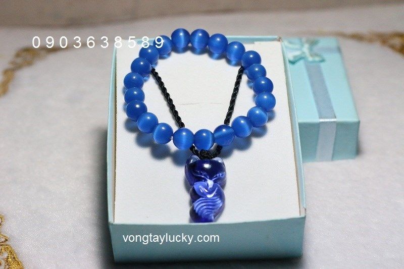 Bộ vòng tay đá mắt mèo hạt tròn 8li và hồ ly màu xanh Sapphire , dây chuyền hồ ly 9 đuôi dài đá phong thủy: