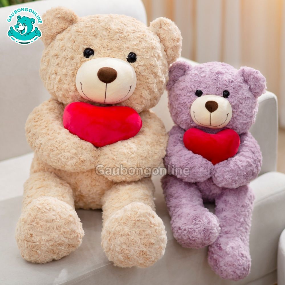 Gấu Bông Teddy Lông Xoắn Ôm Tim Trơn