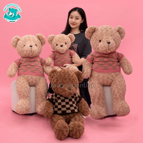 Gấu Bông Teddy Lông Xoắn Áo Len Caro