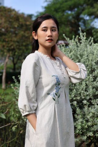  Đầm Linen Nữ Thêu Hoa Xanh 