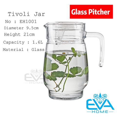  Bình Thuỷ Tinh Đựng Nước 1.6L Quai Cầm Miệng Rót Bầu EH1001 Glass Pitcher Tivoli Jar 1600 ML 