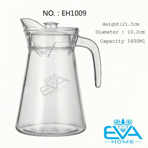  Bình Thuỷ Tinh Đựng Nước 1.6L Miệng Rót Dáng Eo Thẳng Quai Cầm EH1009 Glass Pitcher Modern Pot 1600 ML 