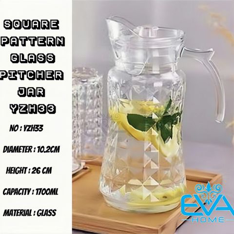  Bình Thuỷ Tinh Đựng Nước 1.7L Quai Cầm Miệng Rót Hoa Văn Vuông YZH33 Square Pattern Glass Pitcher Jar 1700ML 