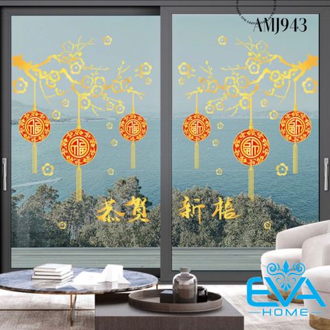  Decal Dán Tường Dán Kính Trang Trí Tết Hoạ Tiết Hoa Mai Vàng Và Dây Treo Chữ Phúc AMJ943 M3599 