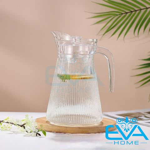  Bình Thuỷ Tinh Đựng Nước 1.6L Quai Cầm Miệng Rót Dáng Eo Thẳng Sọc EH1009-2B Vertical Stripe Glass Pitcher Jar 1600ML 