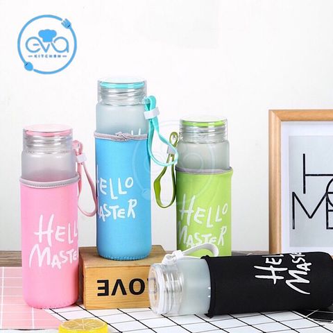  Bình Nước Thủy Tinh In Chữ  Hello Master 480ML có dây xách Kèm Võ Bọc Vải Neoprene 