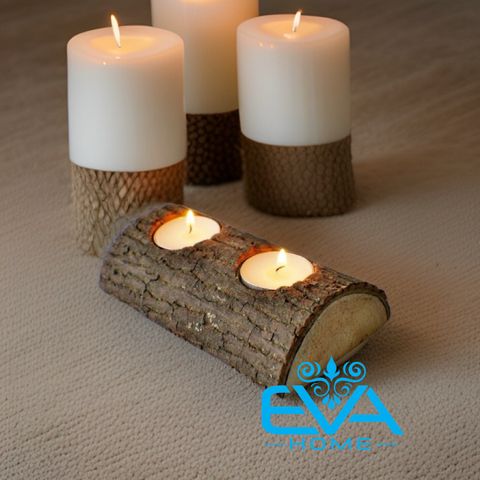  Chân Để 2 Nến Gỗ Thân Cây Tự Nhiên Rustic Wood Candle 2 Holders 