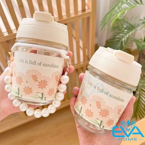  Ly Nước Thuỷ Tinh Hot Trend Straw Cup Flower Kèm Bọc Vải In Hoa Và Dây Xách  Sang Trọng Cao Cấp 