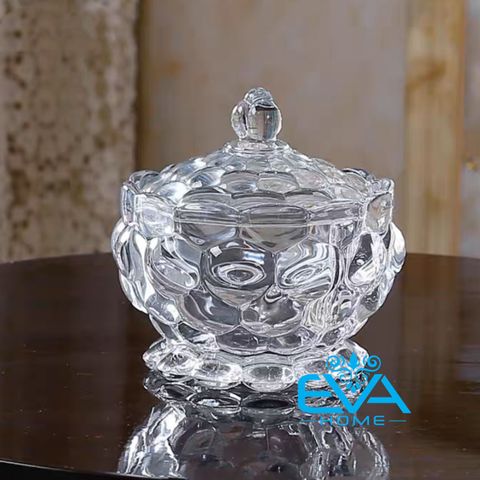  Thố Mứt Thuỷ Tinh Pha Lê Trắng Hoa Văn Pindoro Nổi Lớn Crystal Glass Sugar Bowl TG5110 Cao Cấp Sang Trọng 